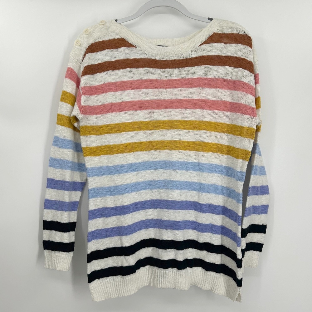 Talbots Womens Medium Striped Button Shoulder Cotton Blend Pullover Sweater